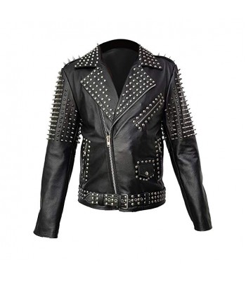 Men Studded Cropped Jacket Spike Jacket Punk Style Belt Leather Jacket